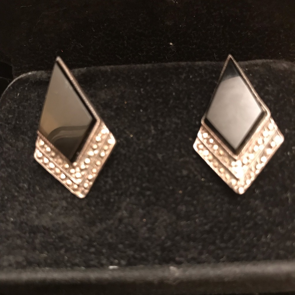 STERLING SILVER AND ONYX AND MARCASITE EARRINGS SET HANDCRAFTED - Picture 4 of 10